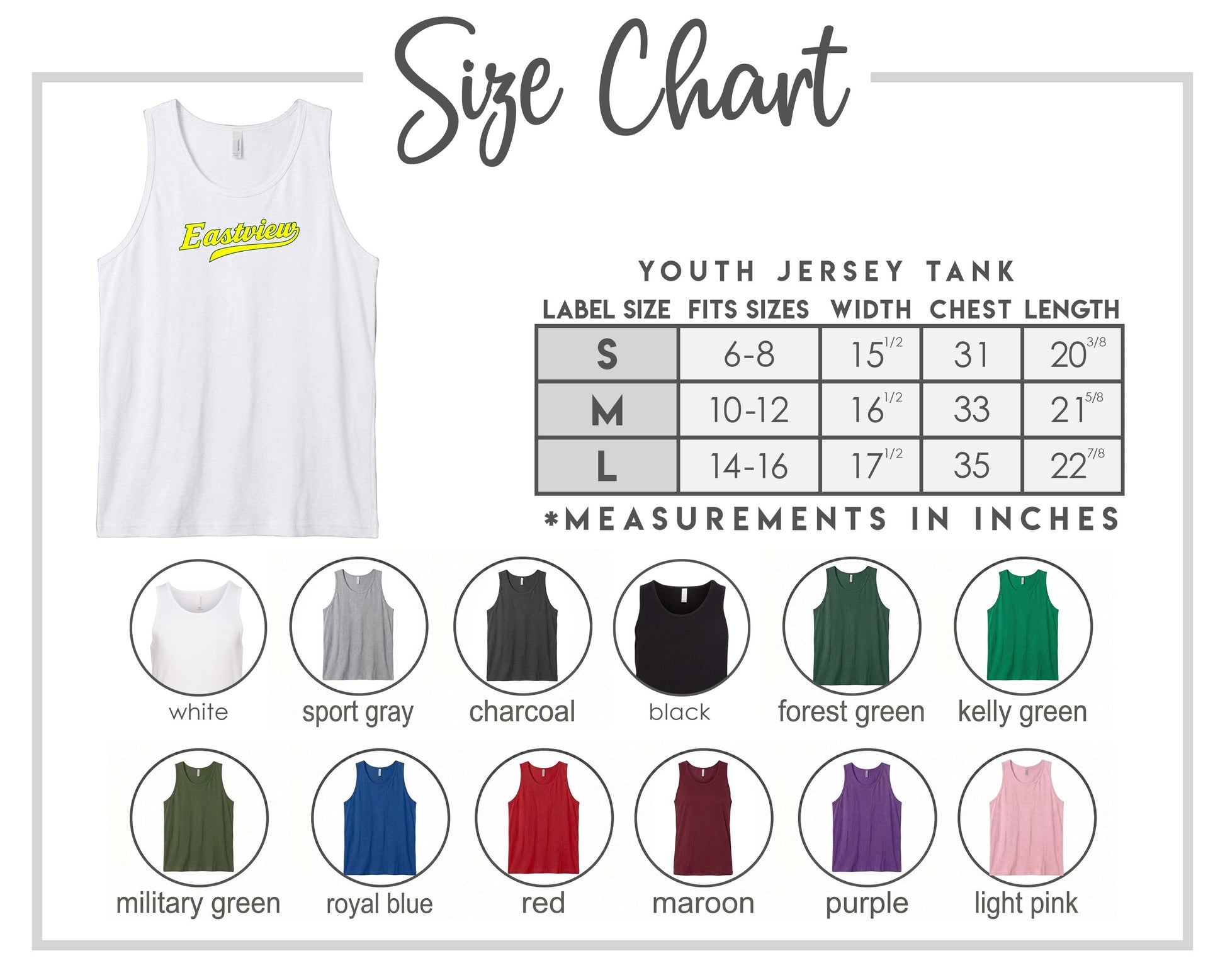 The image is a size chart for a youth jersey tank, displaying various color options and corresponding measurements in inches.