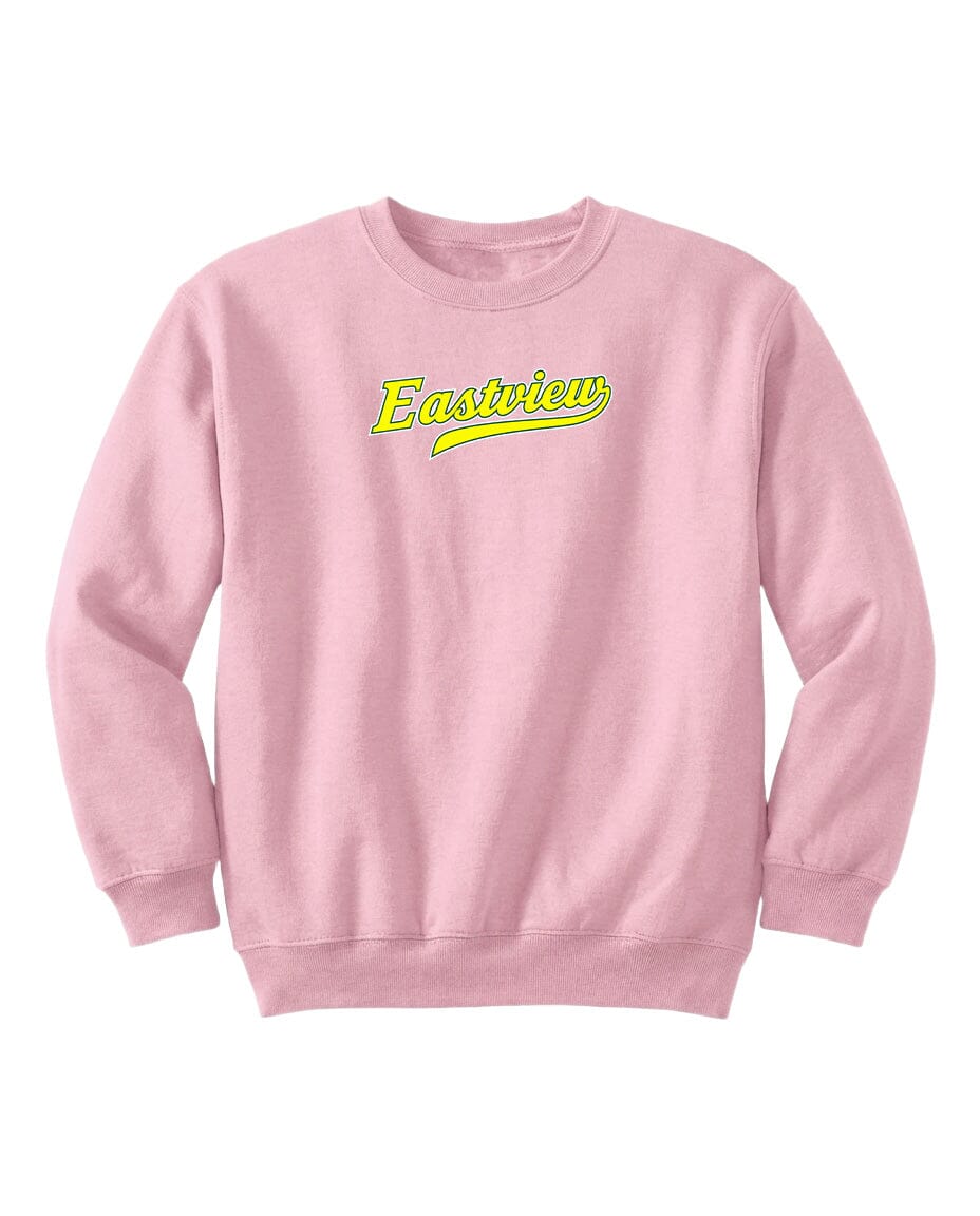 A pink sweatshirt with the word "Eastview" printed in yellow on the front.
