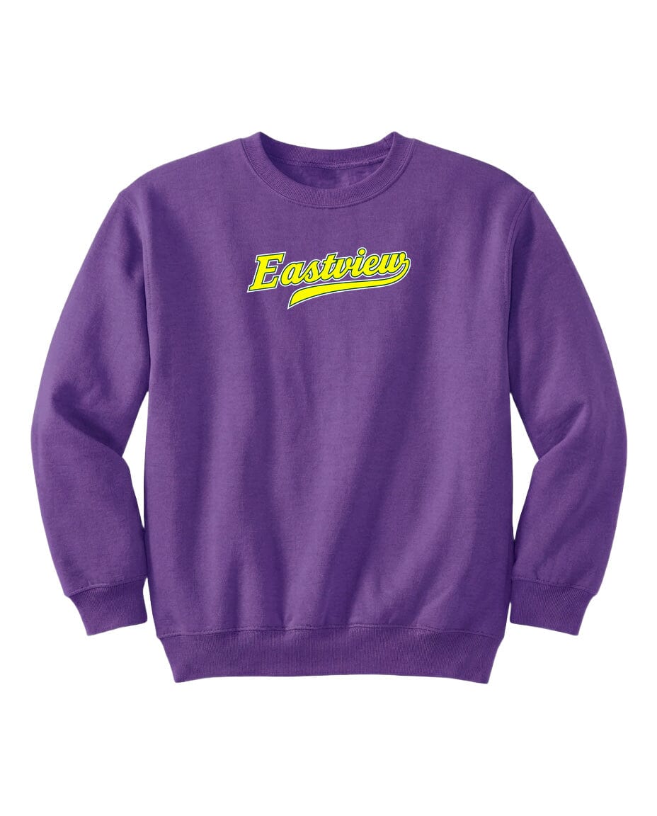 A purple sweatshirt with the word "Eastview" printed on it in yellow text.