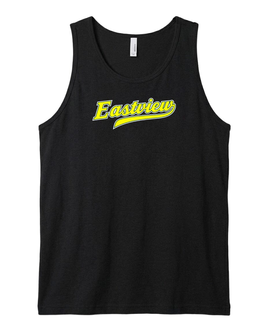 A black tank top with the word "Eastview" printed in yellow on the front.