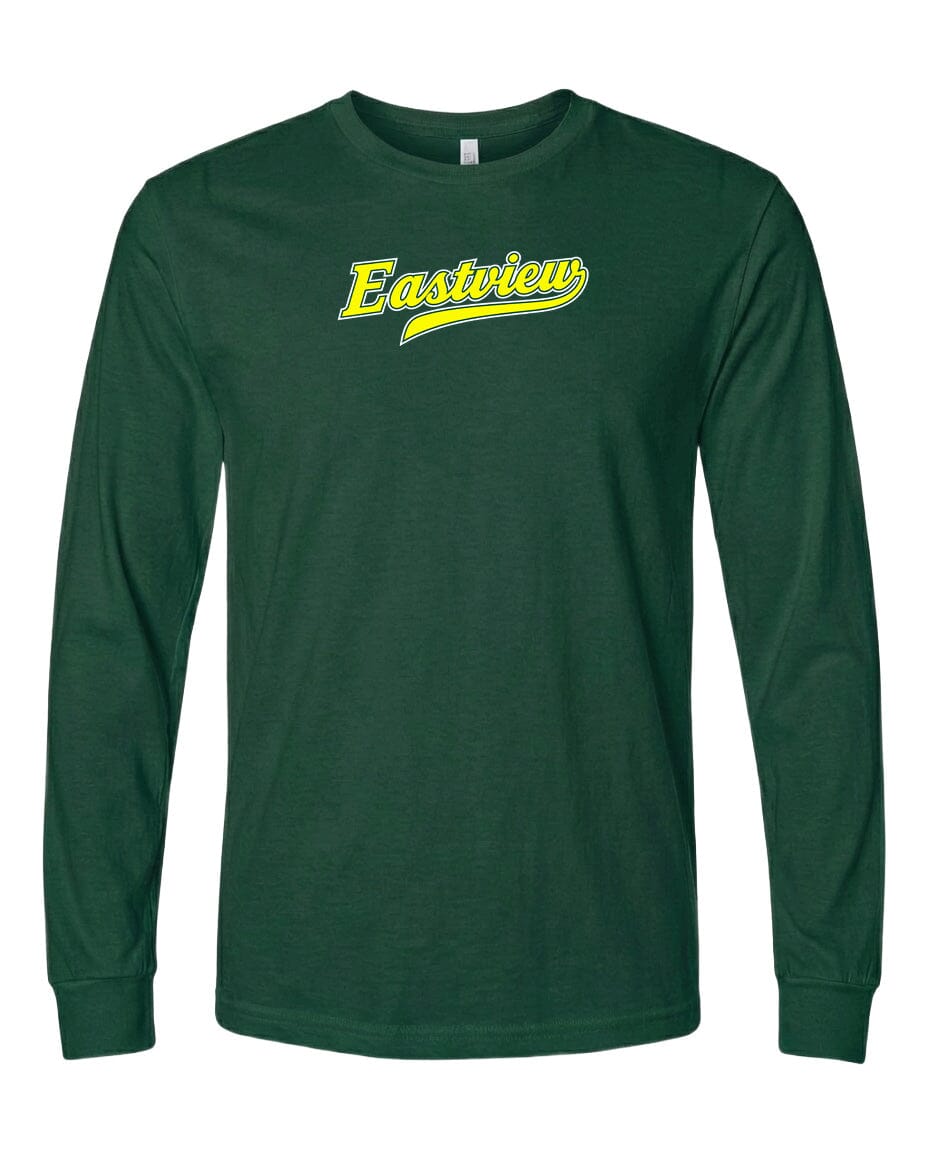 A dark green long-sleeved t-shirt with a yellow logo on the front.
