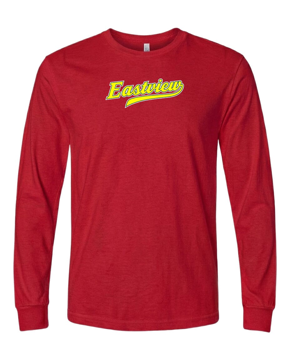 A red long-sleeved t-shirt with the word "Eastview" printed on it in yellow.