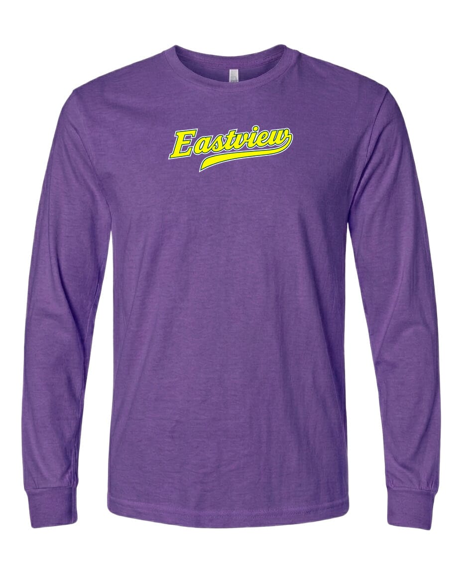 A purple long-sleeved t-shirt with the word "Eastview" printed in yellow on the front.
