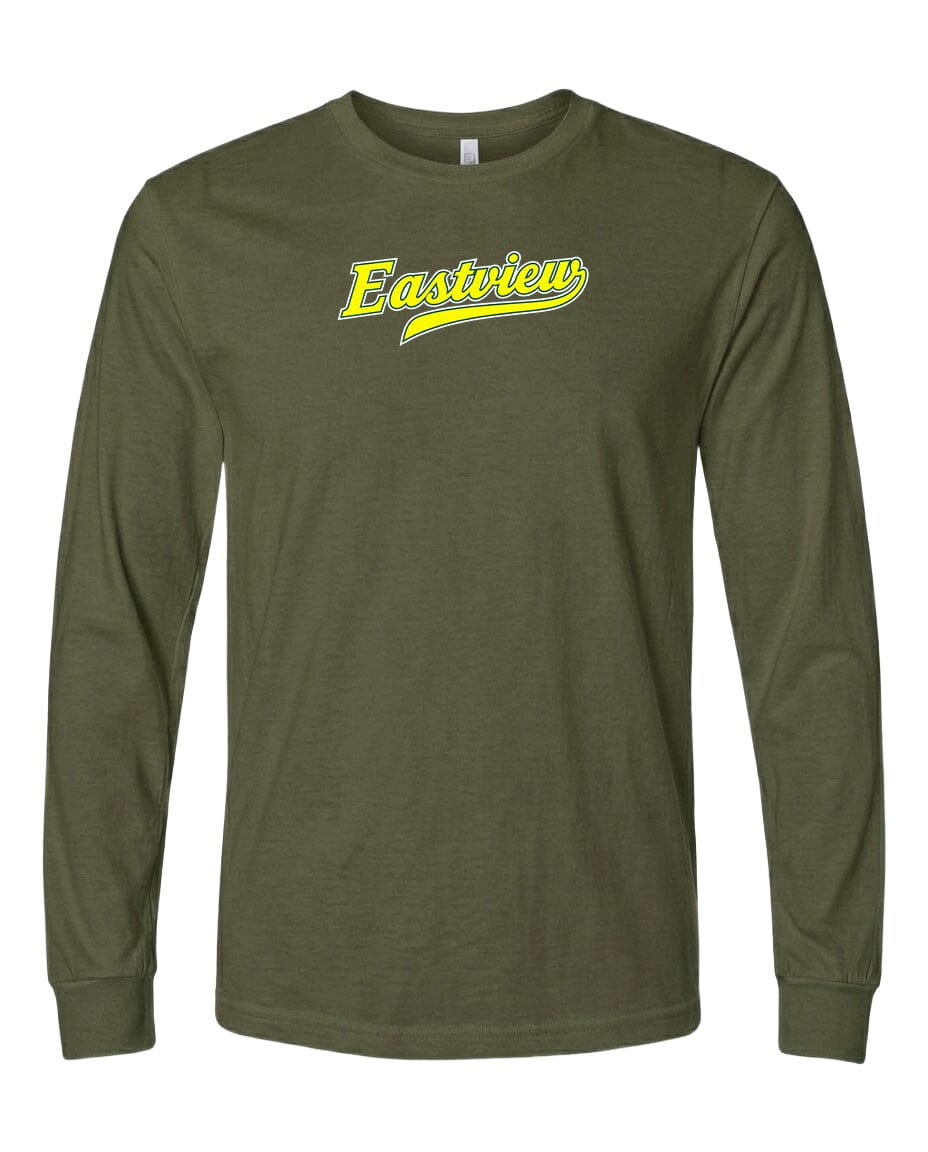 A dark green long-sleeved t-shirt with a yellow logo on the front.