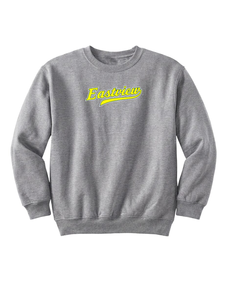 A gray sweatshirt with the word "Eastview" printed in yellow on the front.