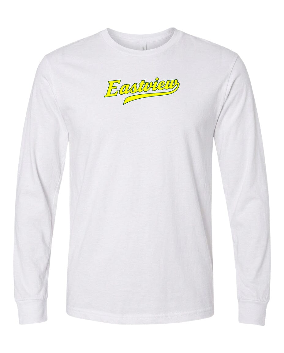 A white long-sleeved t-shirt with a yellow logo on the front.