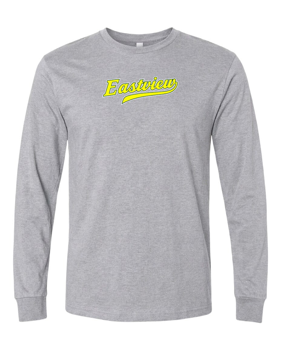 A gray long-sleeved t-shirt with a yellow text logo on the front.