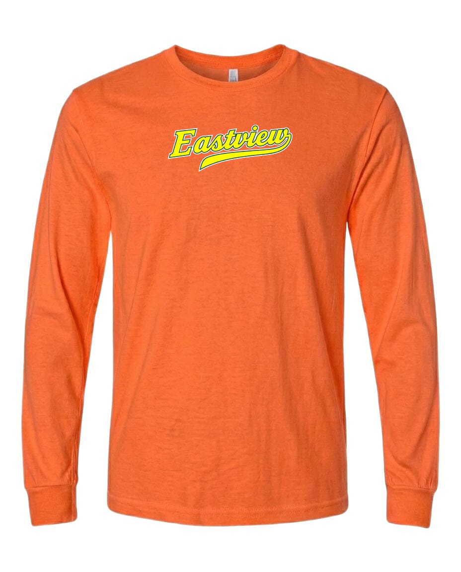 An orange long-sleeved t-shirt with the word "Eastview" printed on it in yellow.