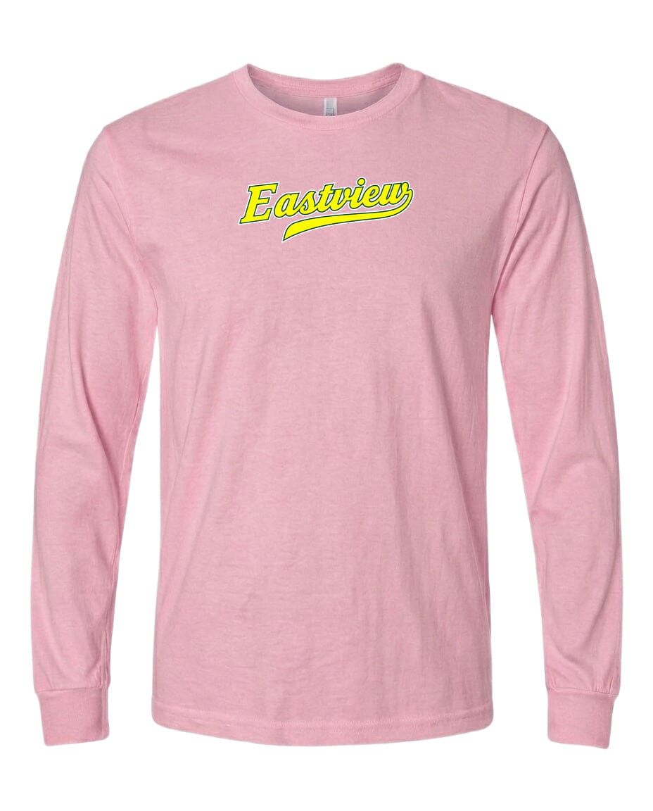 A pink long-sleeved t-shirt with a yellow text logo on the front.