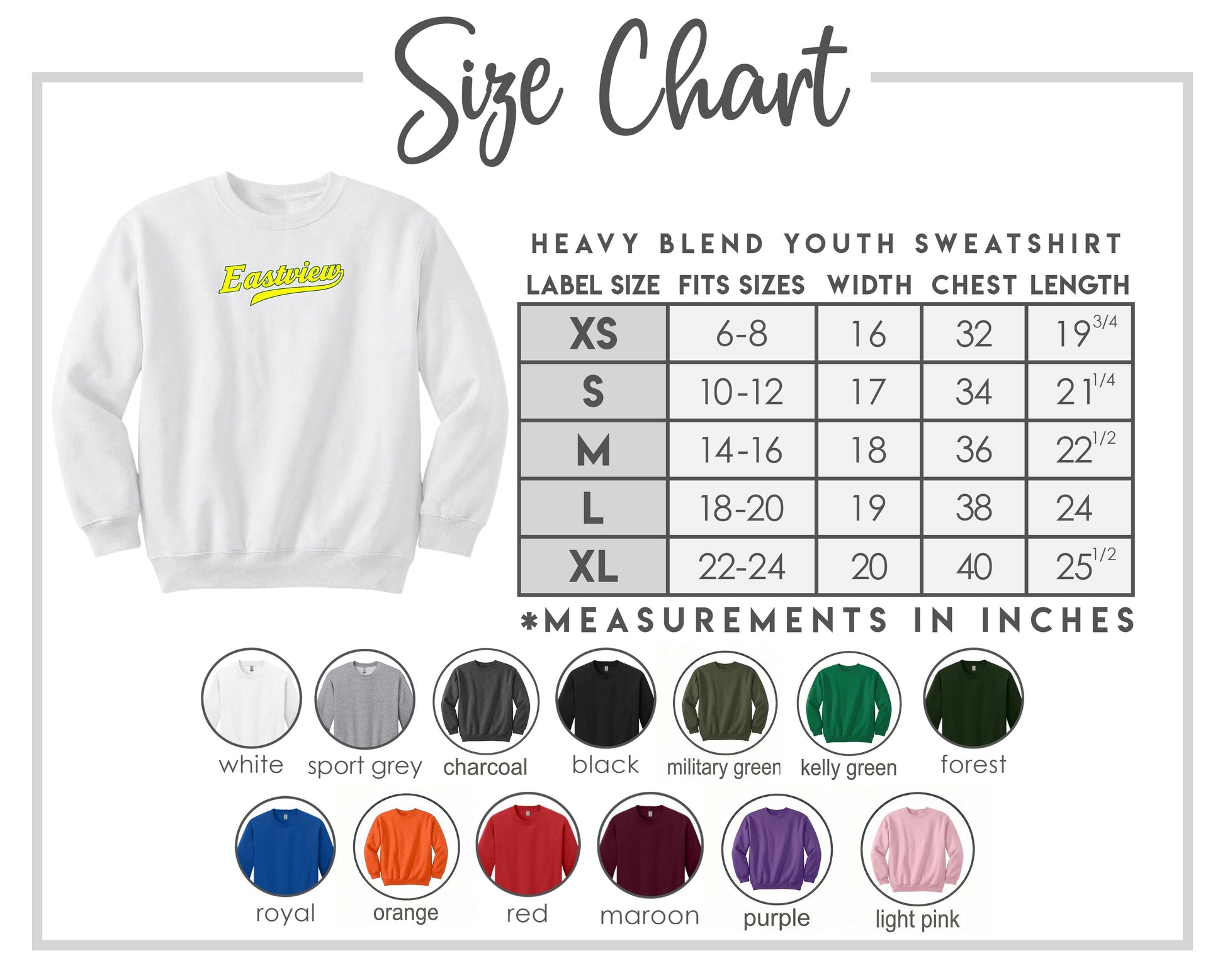 The image is a size chart for a heavy blend youth sweatshirt, including various color options and corresponding measurements in inches.