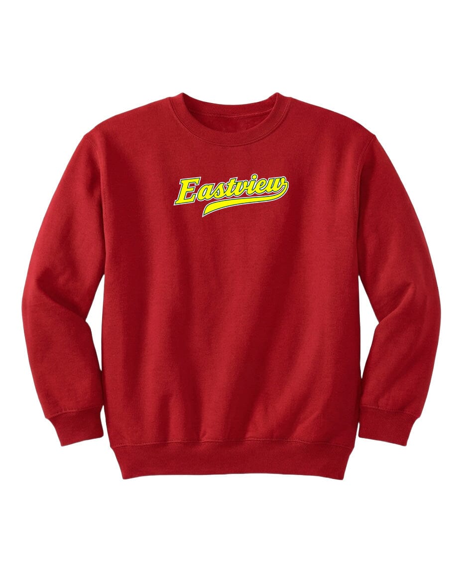 A red sweatshirt with the word "Eastview" printed on it in yellow text.
