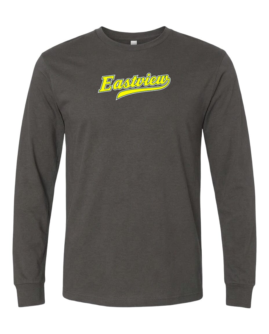 A gray long-sleeve t-shirt with a yellow text logo on the front.