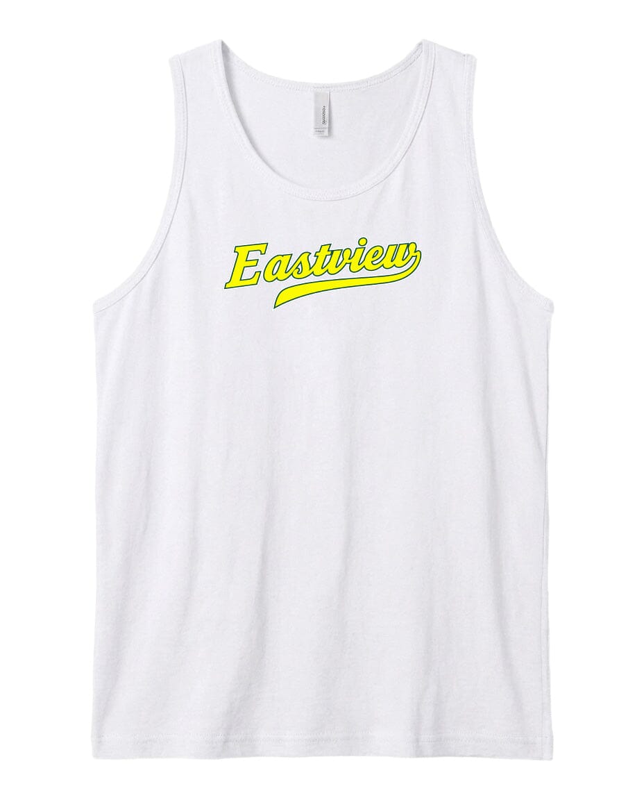 A white tank top with the word "Eastview" printed in yellow on the front.