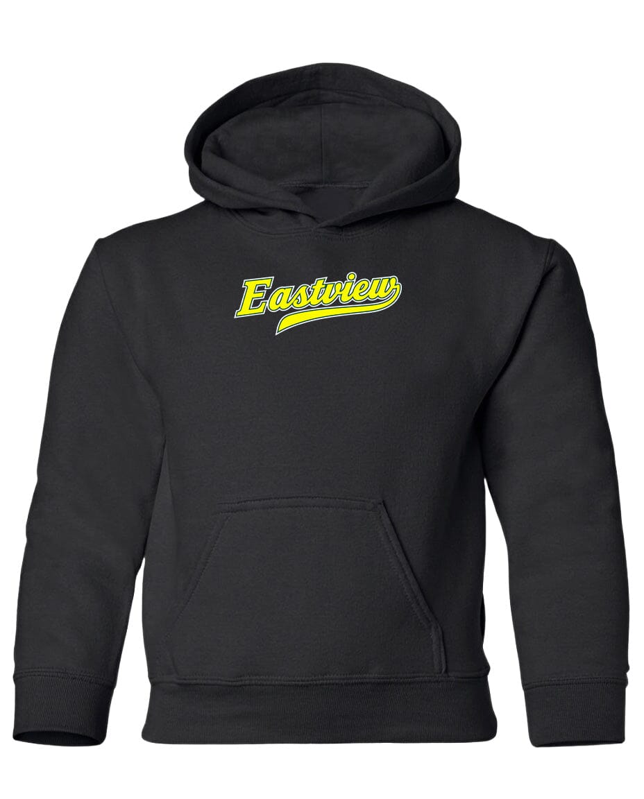 A black hooded sweatshirt with a yellow logo on the front.