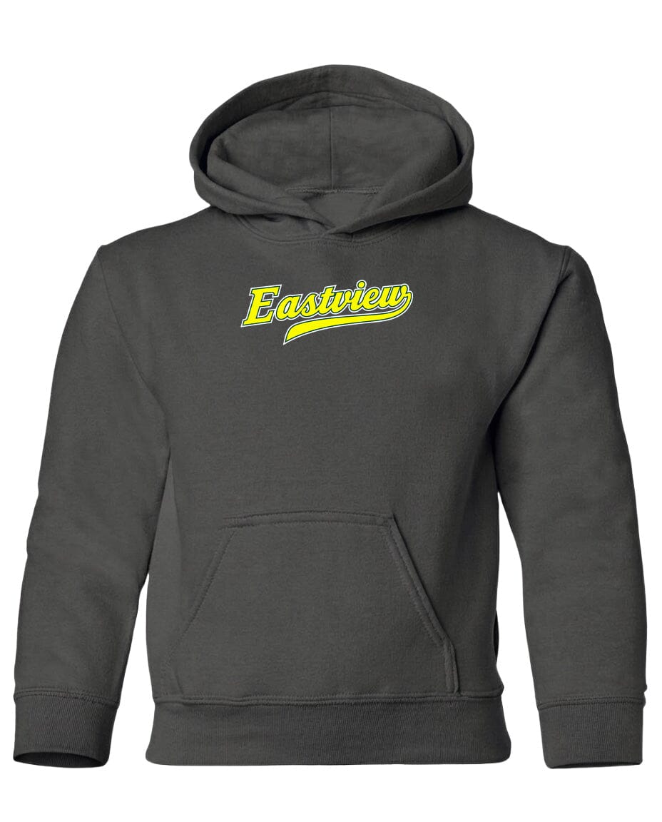 A gray hooded sweatshirt with a yellow logo on the front.