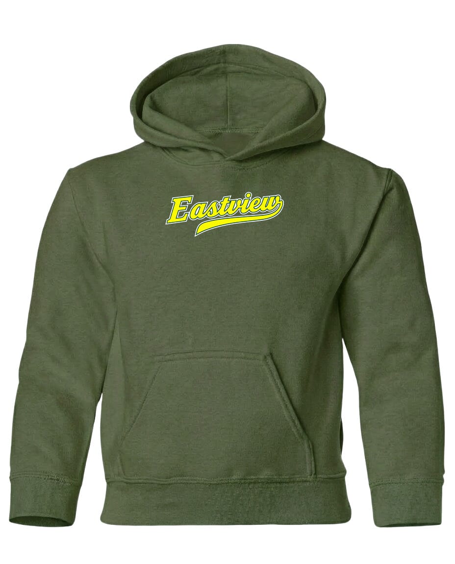 A green hoodie with a yellow logo on the front.