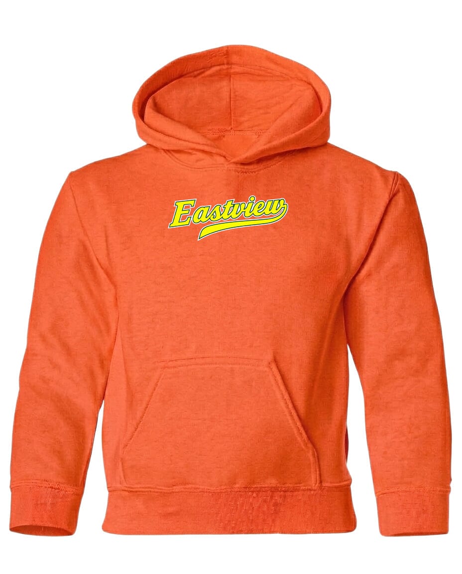 An orange hoodie with a yellow logo on the front.