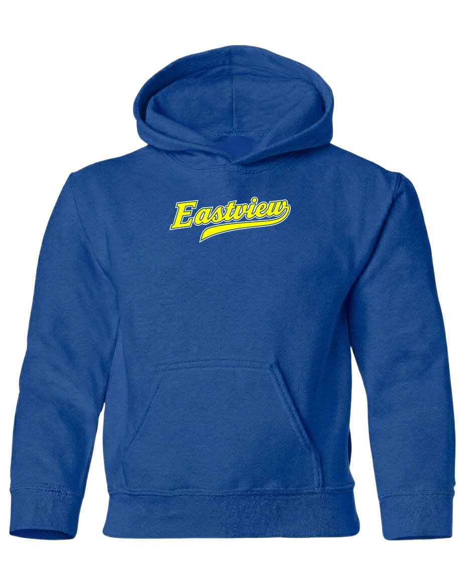 A blue hooded sweatshirt with the word "Eastview" printed in yellow on the front.