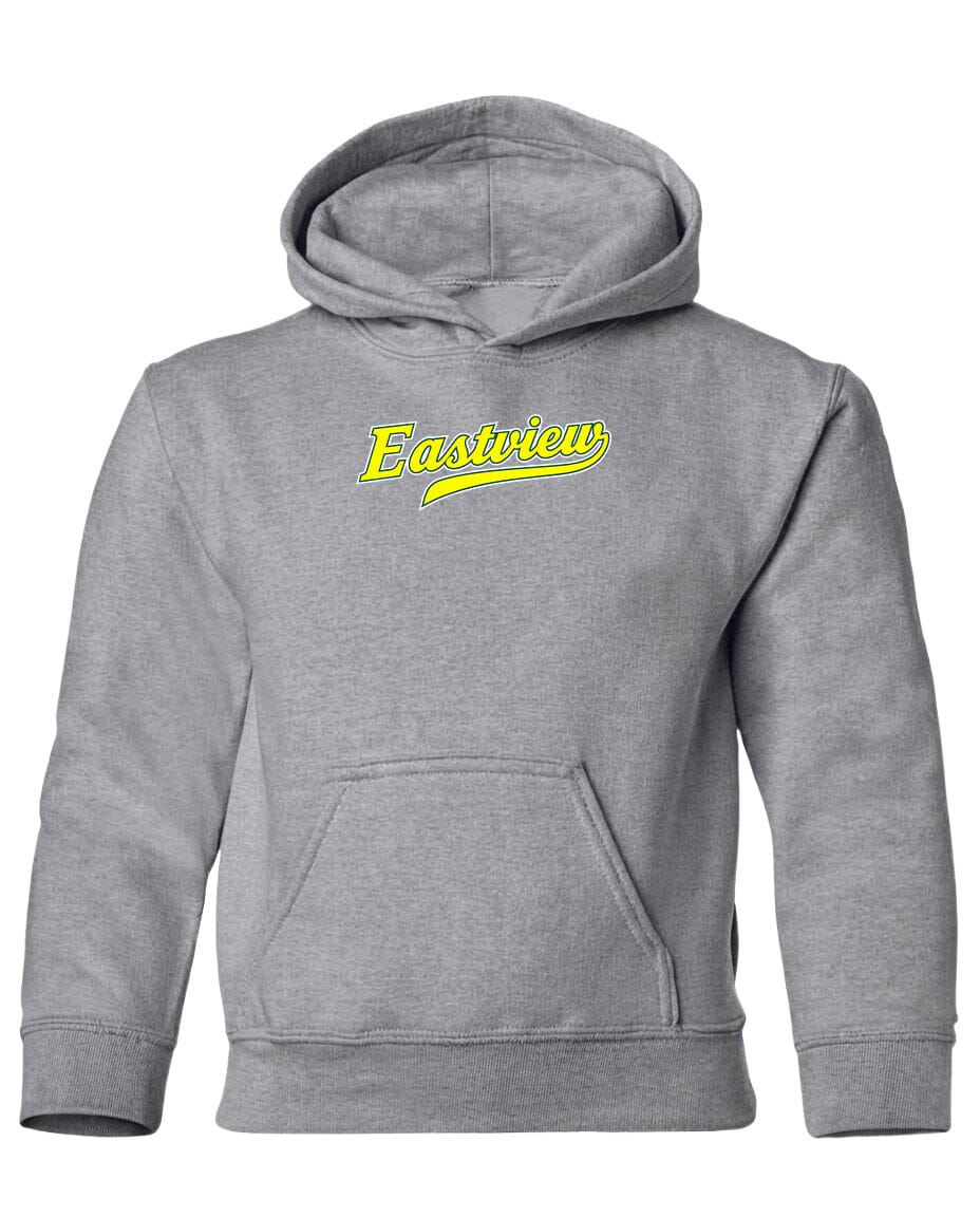A gray hooded sweatshirt with a yellow logo on the front.