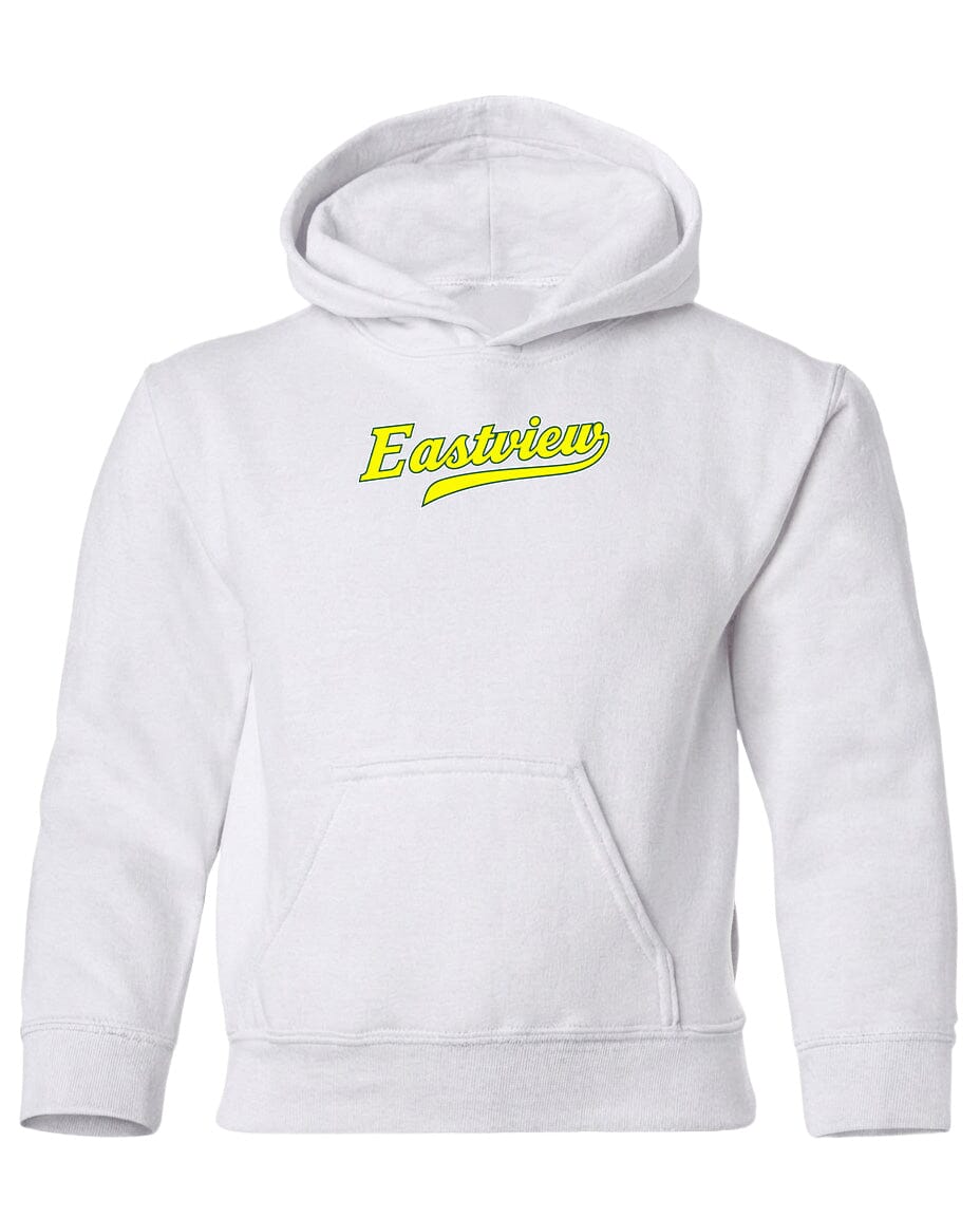 A white hoodie with a yellow logo on the front.
