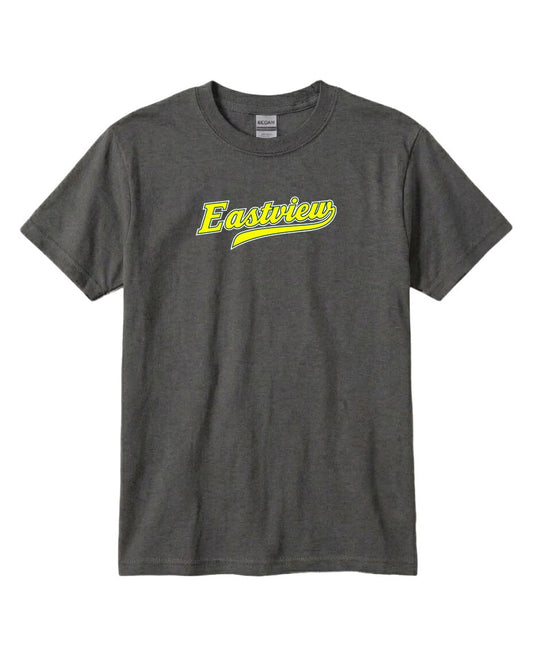 A gray t-shirt with the word "Eastview" printed in yellow on the front.