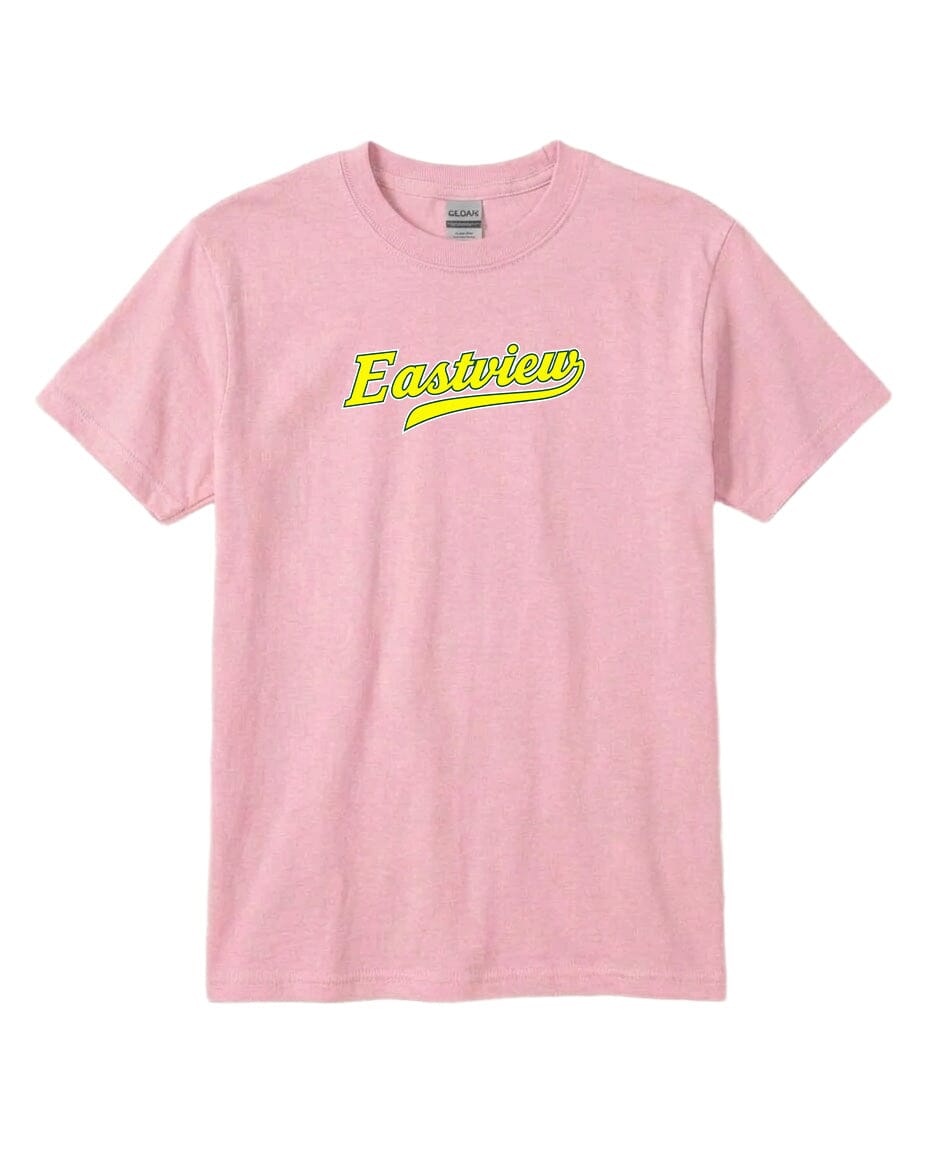 A pink t-shirt with the word "Eastview" printed in yellow on it.