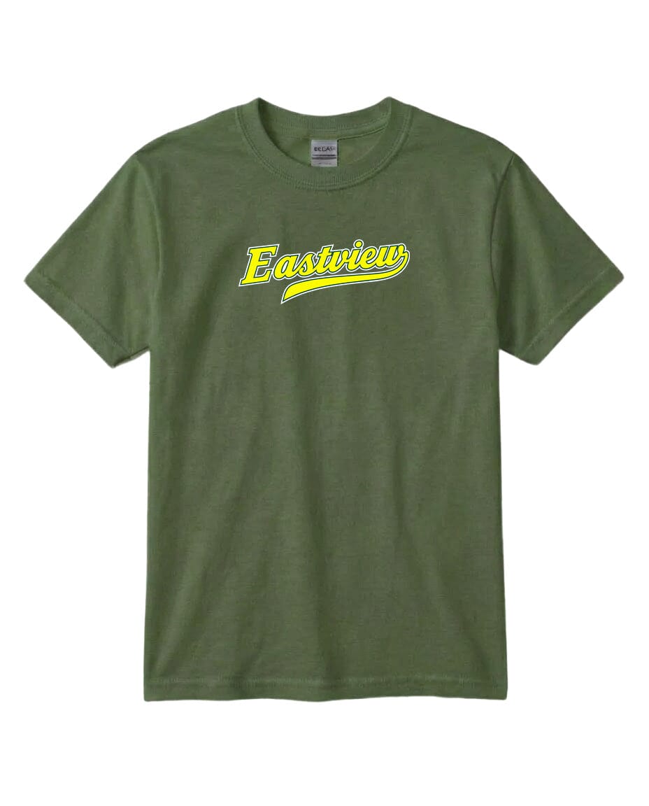 A green t-shirt with the word "Eastview" printed in yellow on it.