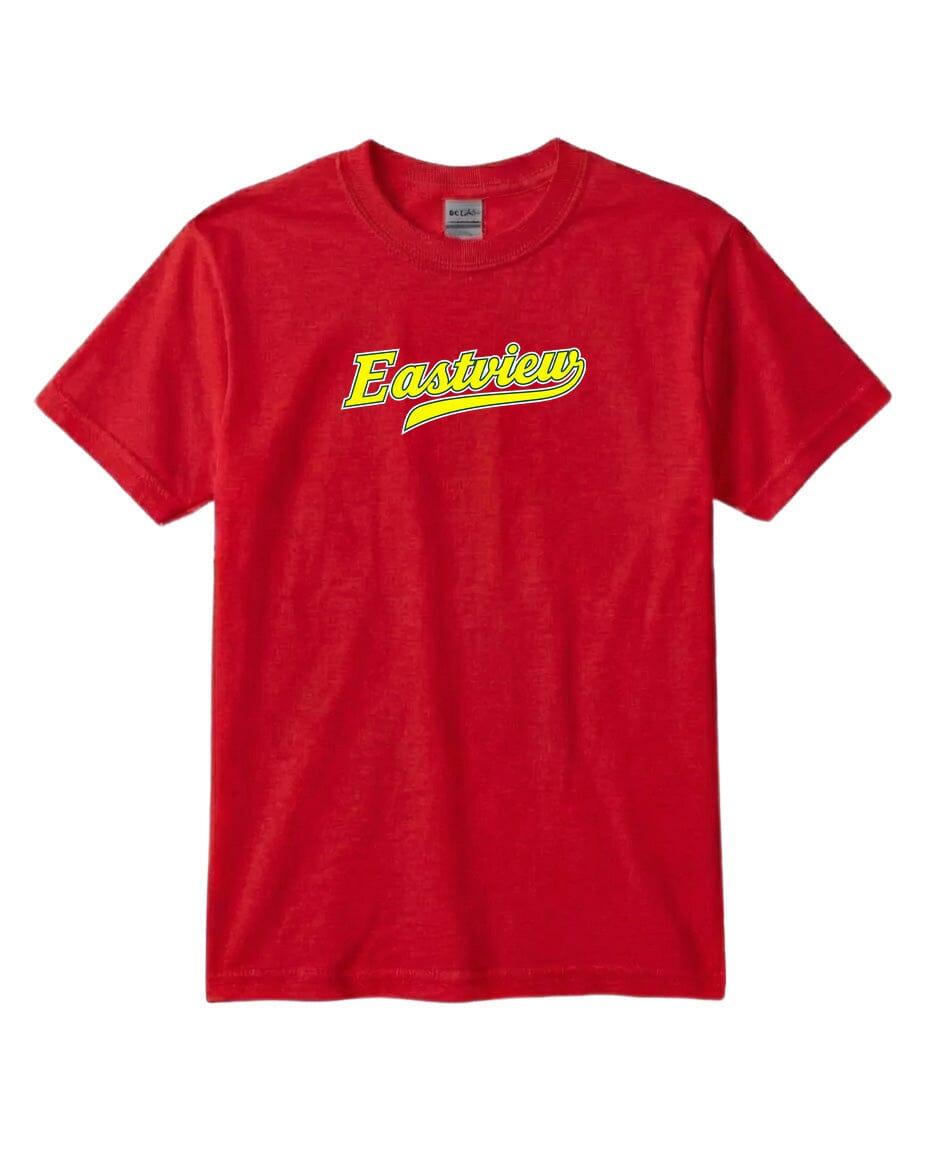 A red t-shirt with the word "Eastview" printed in yellow on the front.