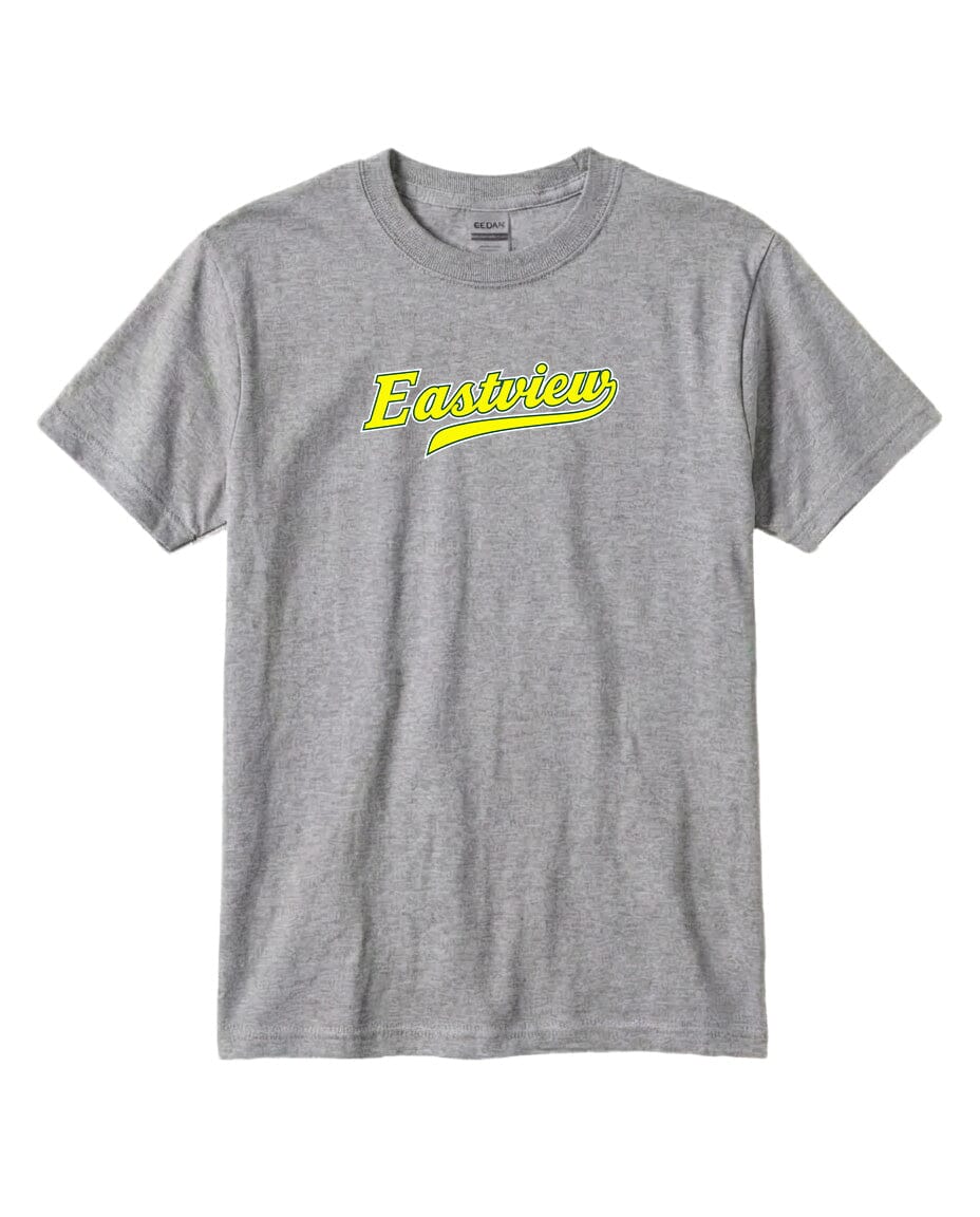 A gray t-shirt with the word "Eastview" printed in yellow on the front.