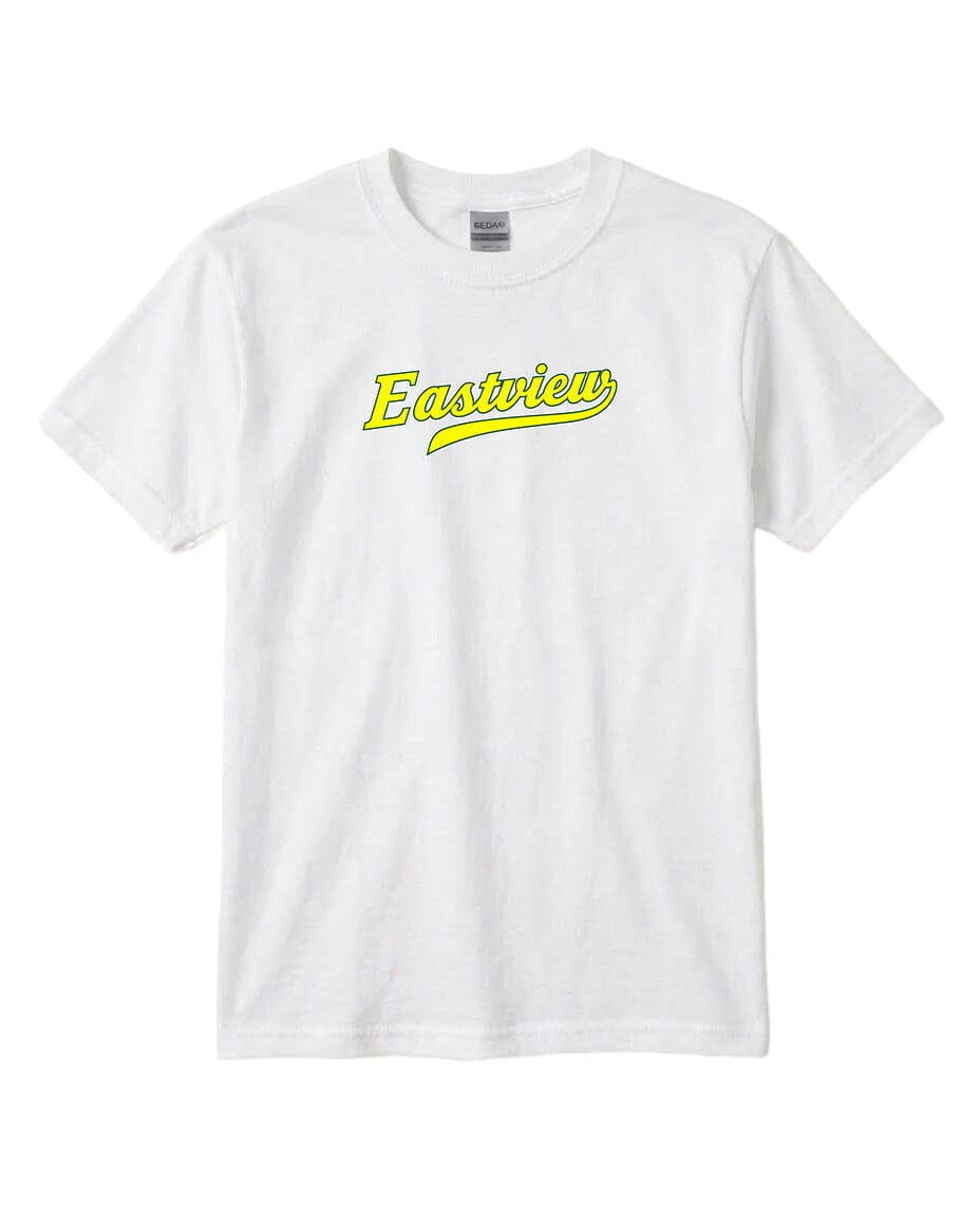 A white t-shirt with the word "Eastview" printed in yellow text across the front.