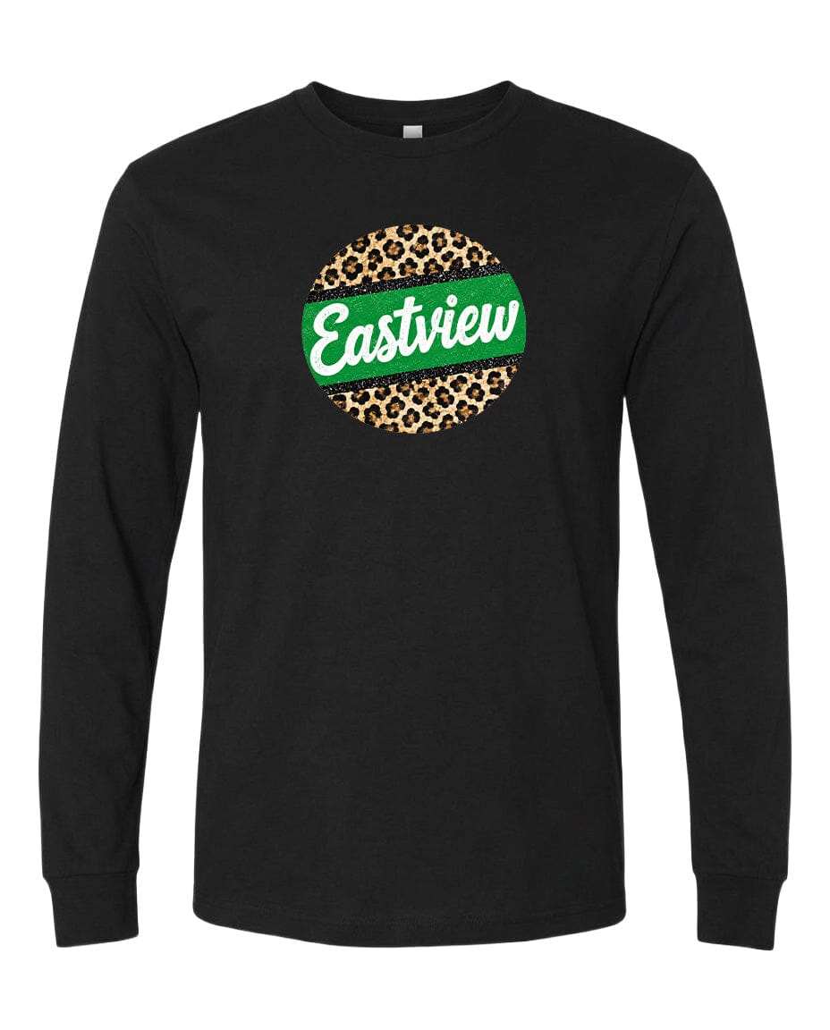 A black long-sleeved t-shirt with a green and leopard print circular logo on the front.
