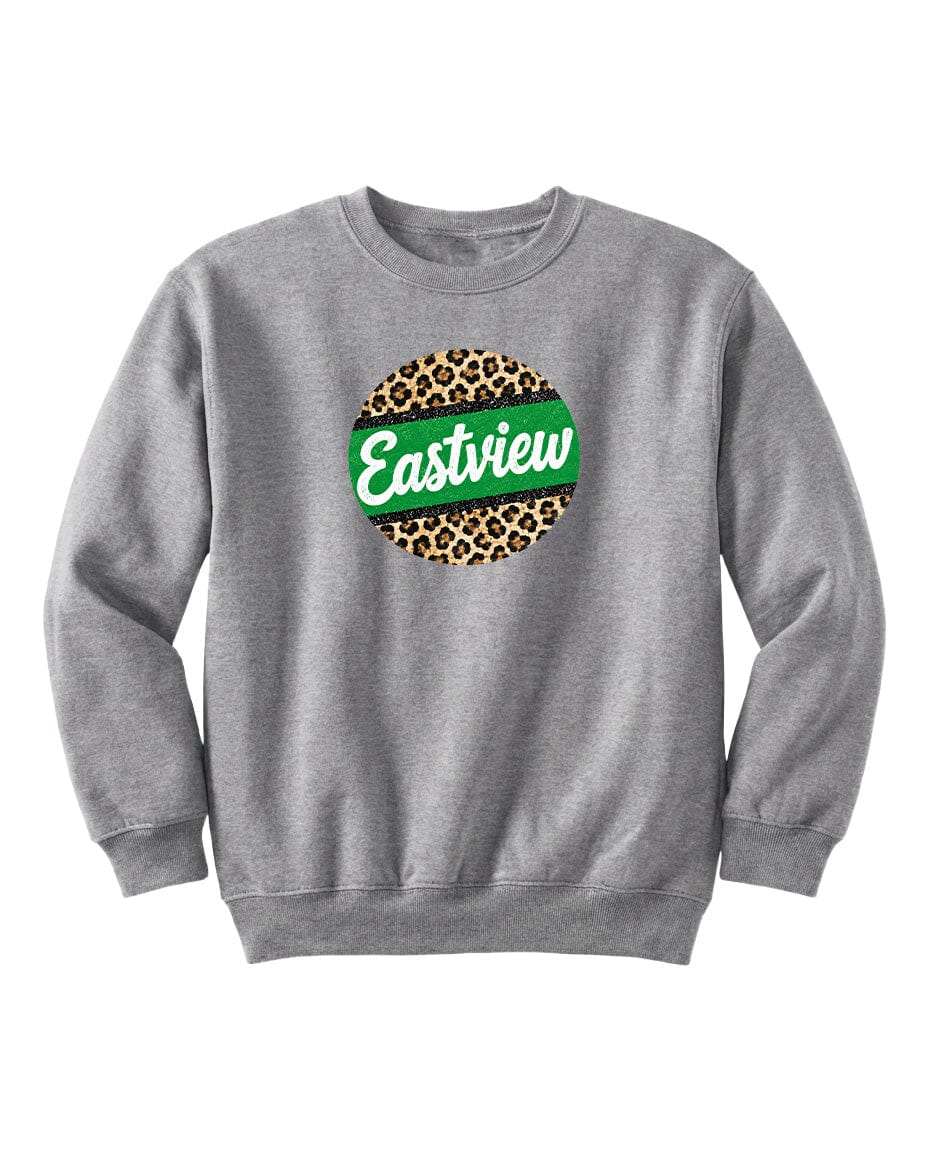 A gray sweatshirt with a leopard print design and the word "Eastview" printed on it.