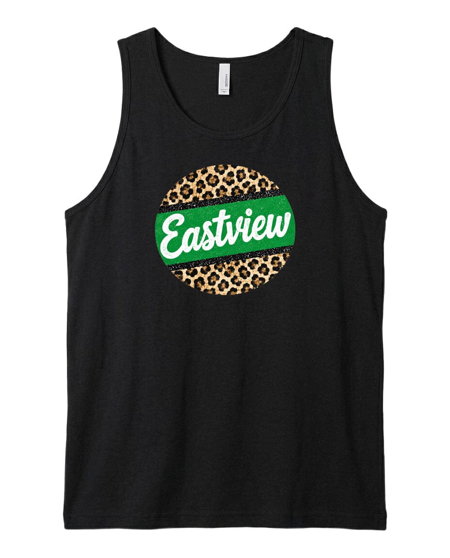 A black tank top with a leopard print design and the word "Eastview" printed on it.