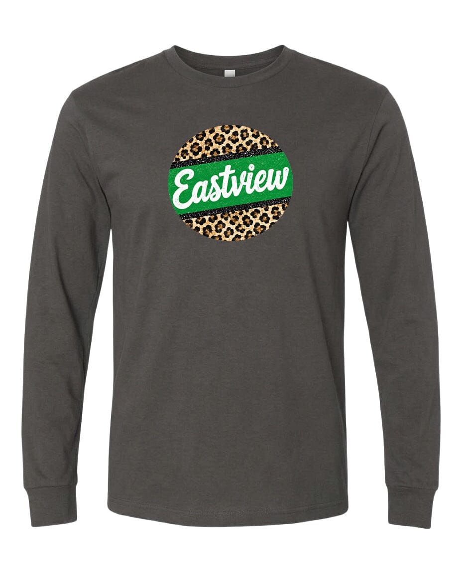 A gray long-sleeved t-shirt with a circular logo on the front. The logo features a green border and a leopard print design.