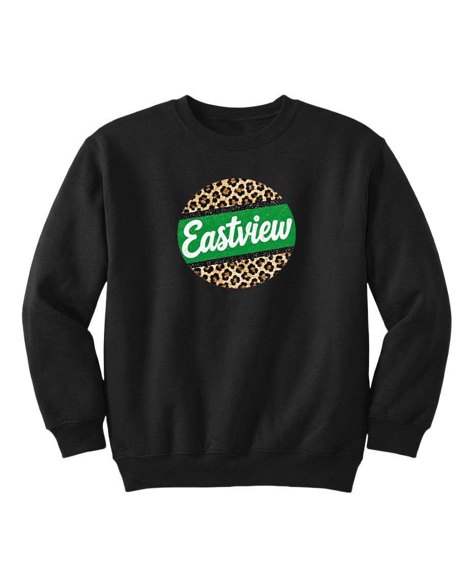 A black sweatshirt with a green and leopard print circular logo on the front.
