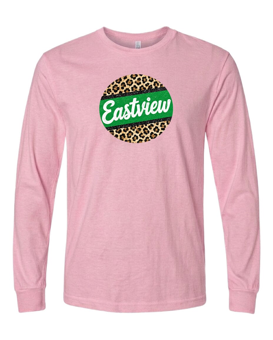 A pink long-sleeved t-shirt with a green and leopard print circular logo on the front.