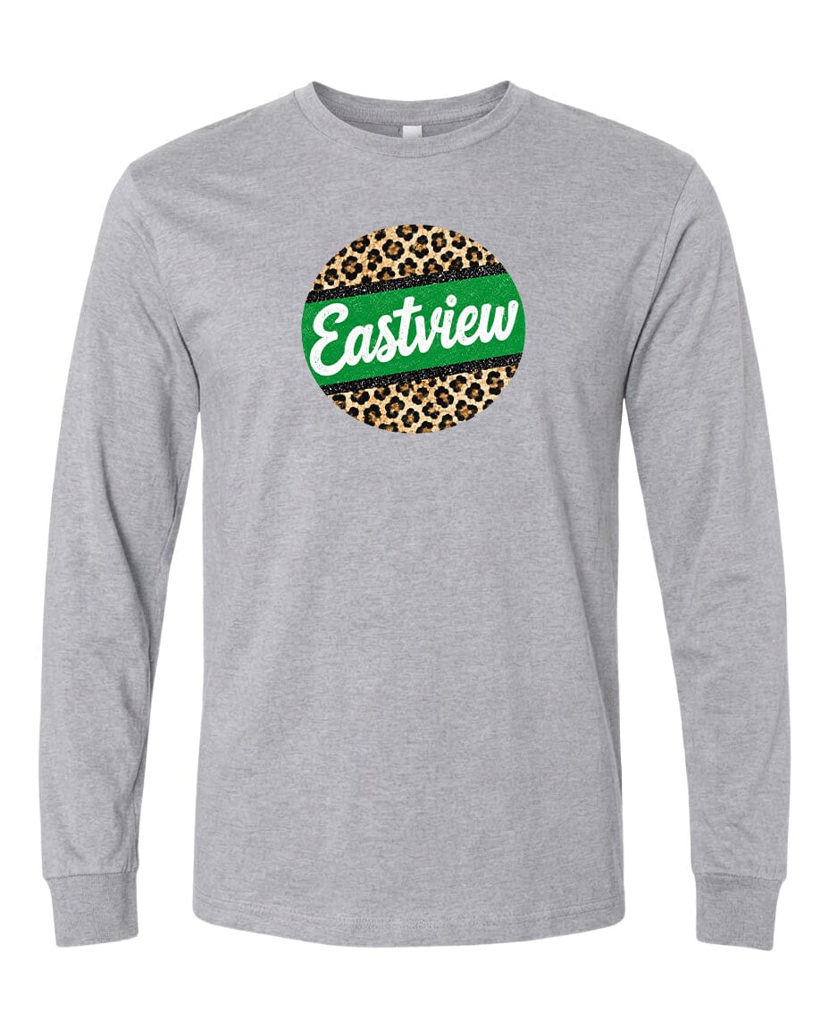 A gray long-sleeved t-shirt with a circular graphic design on the front. The design consists of a green circle with a leopard print pattern inside it, and the word "Eastview" written in white cursive text.