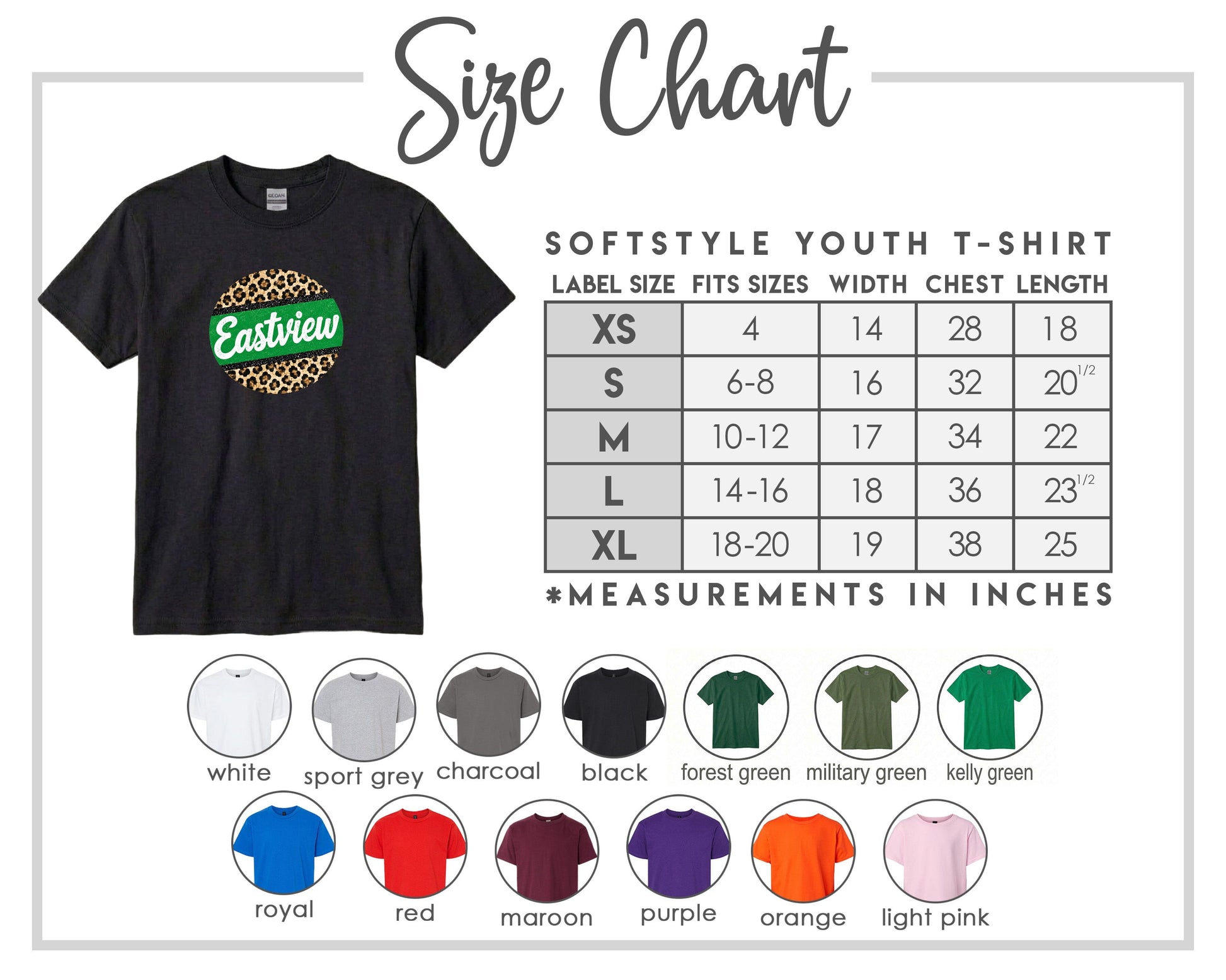 The image is a size chart for a softstyle youth t-shirt, providing measurements for different sizes and corresponding t-shirt colors.