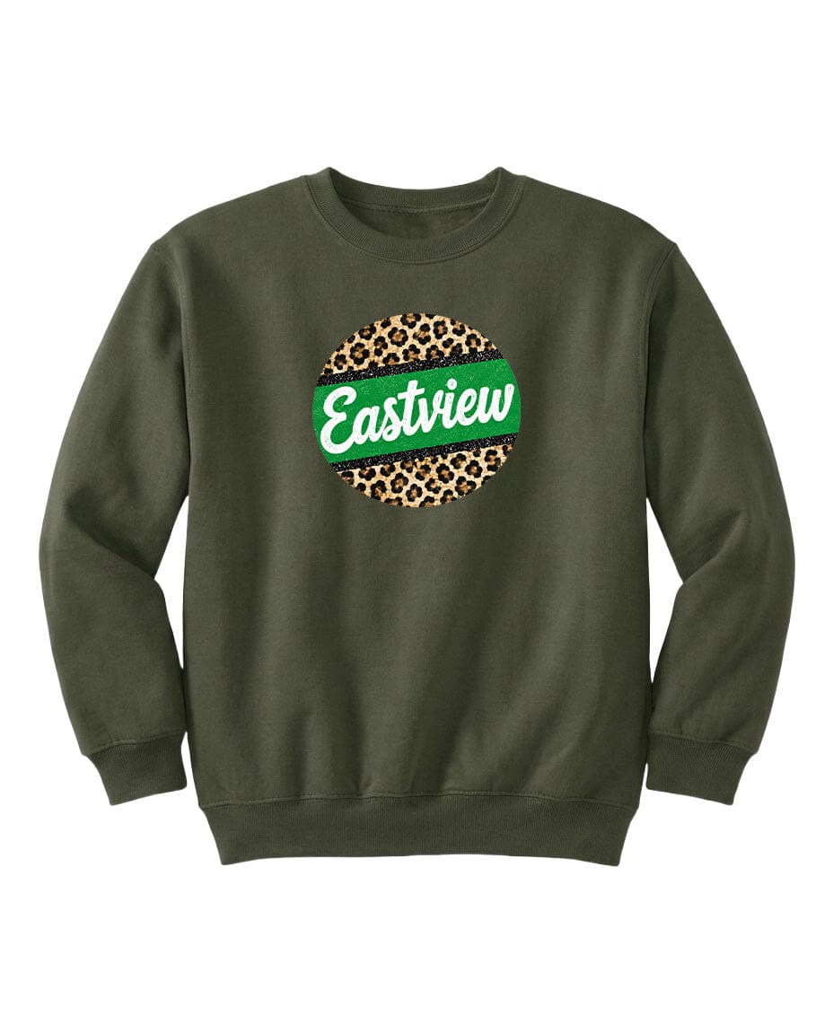A dark green sweatshirt with a leopard print design and the word "Eastview" printed on it.