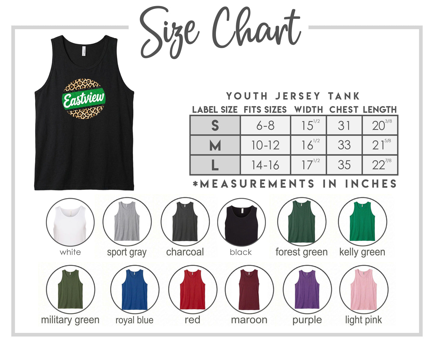 The image is a size chart for a youth jersey tank, displaying various label sizes and corresponding chest measurements.