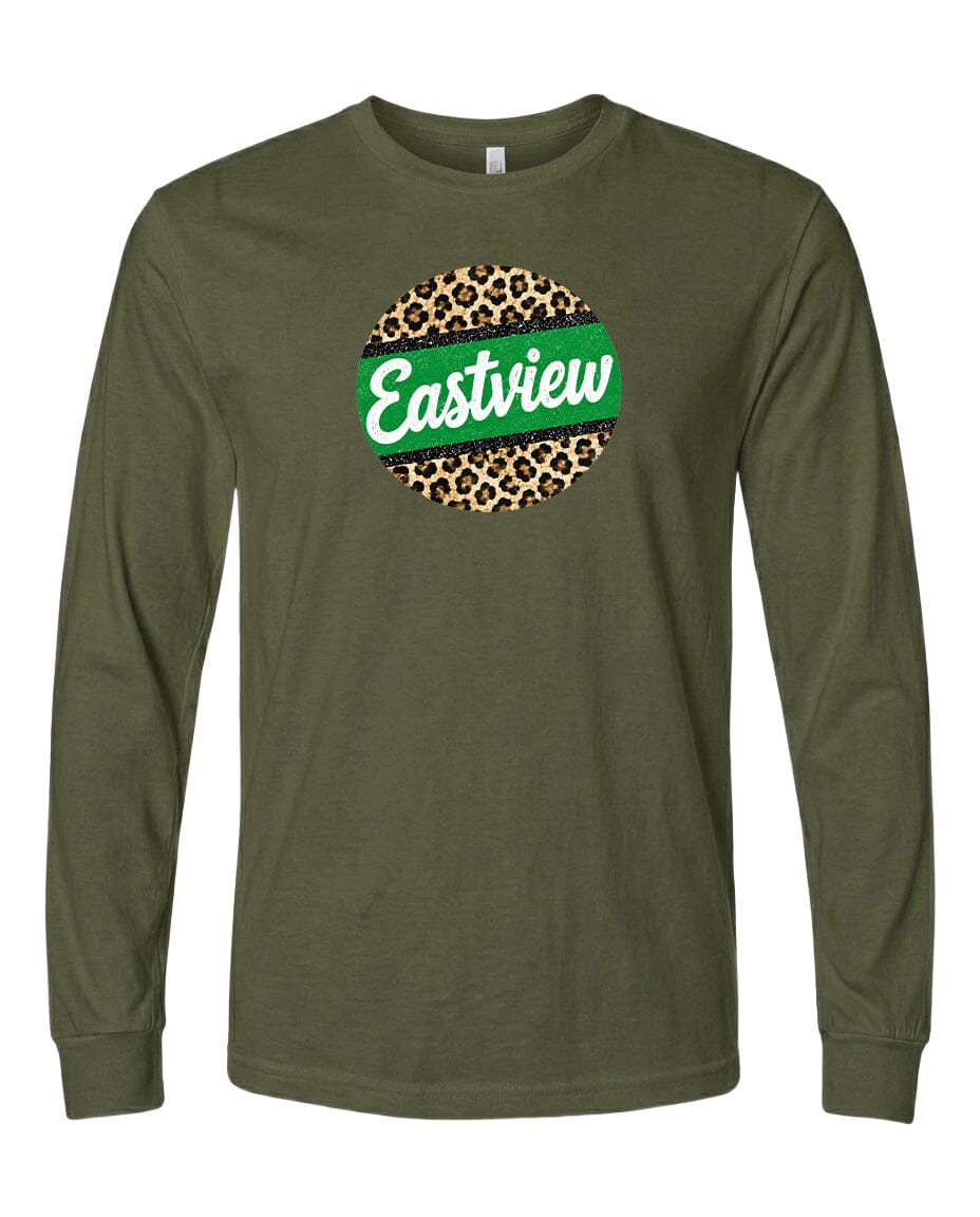 A long-sleeved olive green t-shirt with a circular graphic design on the front. The design consists of a green circle with a leopard print pattern inside it, and the word "Eastview" written in white cursive text.