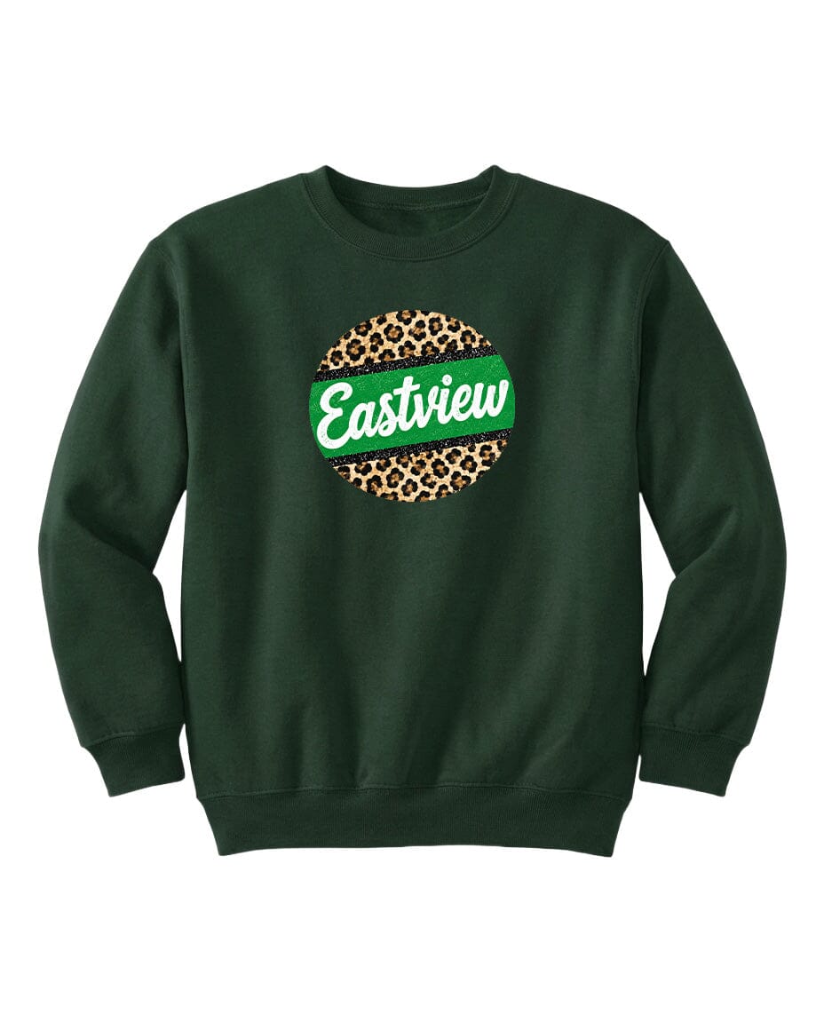 A dark green sweatshirt with a leopard print design and the word "Eastview" printed on it.