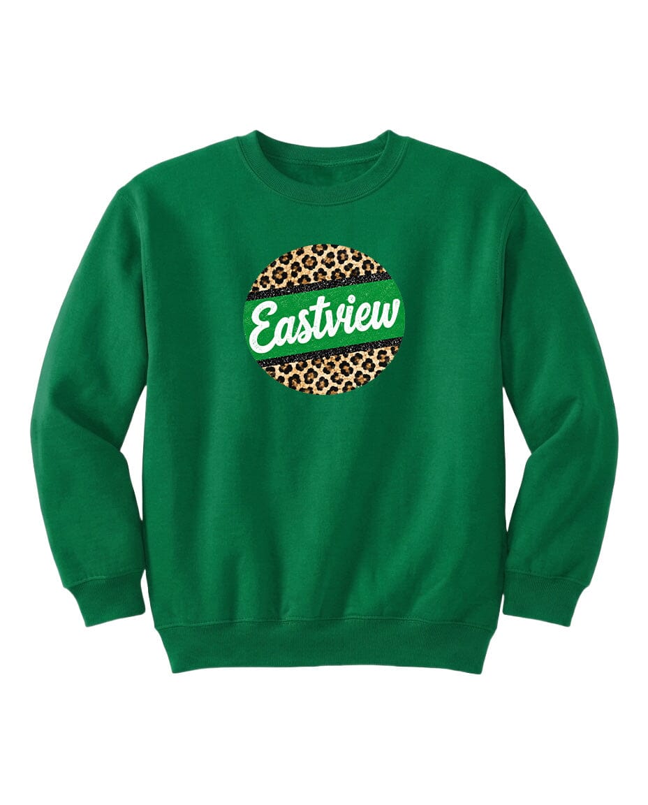 A green sweatshirt with a leopard print design and the word "Eastview" printed on it.
