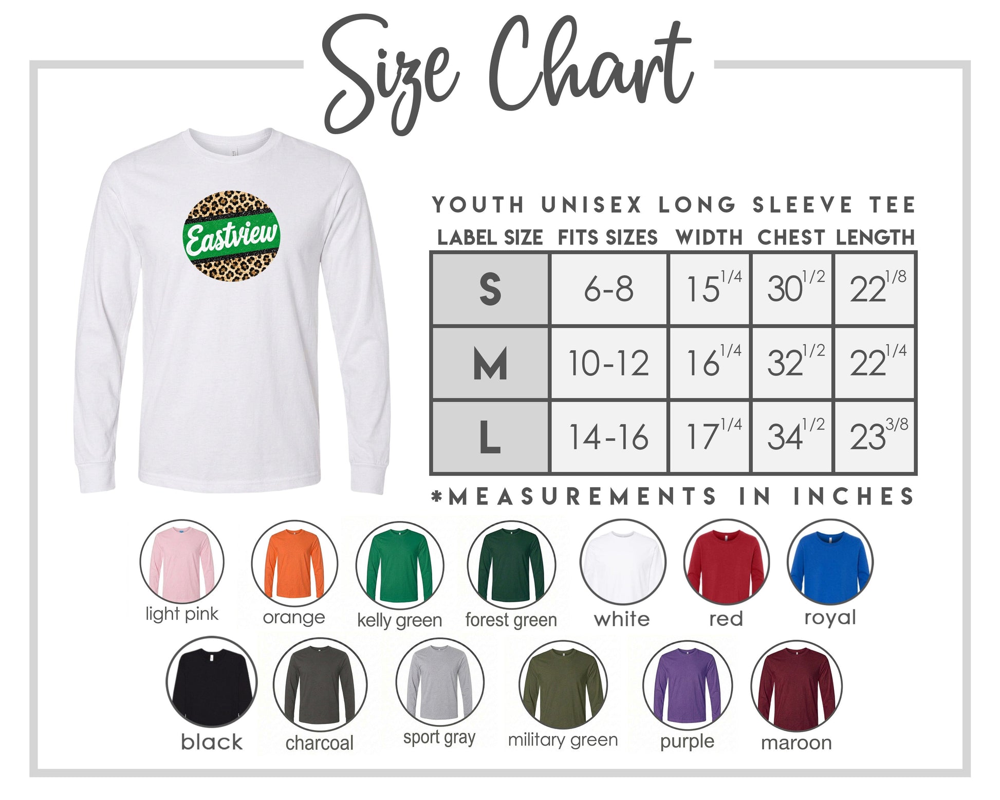 The image is a size chart for a youth unisex long sleeve tee. It includes a white t-shirt with a leopard print design and a table with size and color information for different age groups.