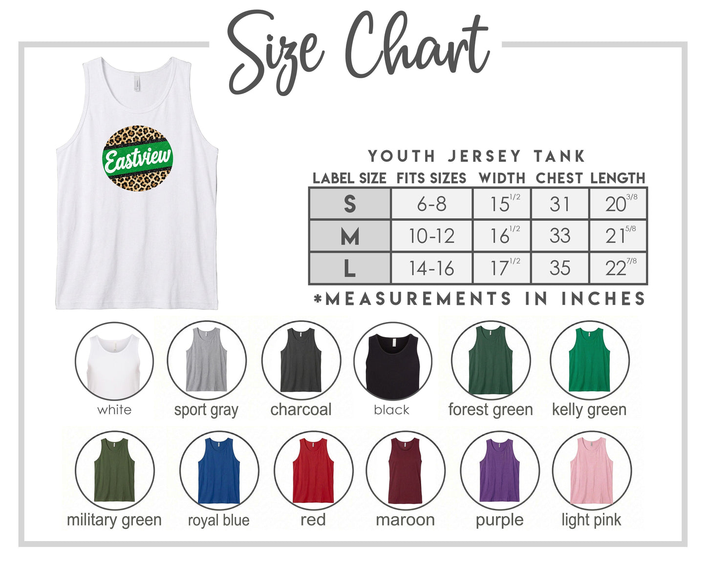 The image is a size chart for a youth jersey tank, displaying various color options and corresponding measurements in inches.