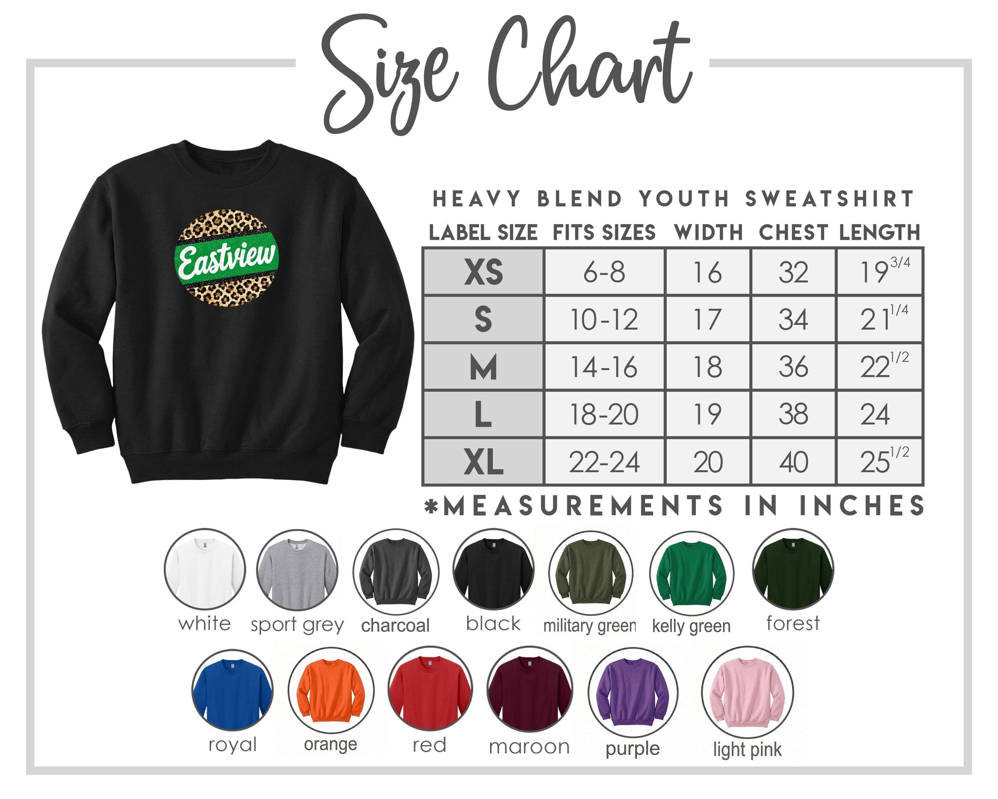 The image is a size chart for a heavy blend youth sweatshirt, including various color options and corresponding measurements in inches.
