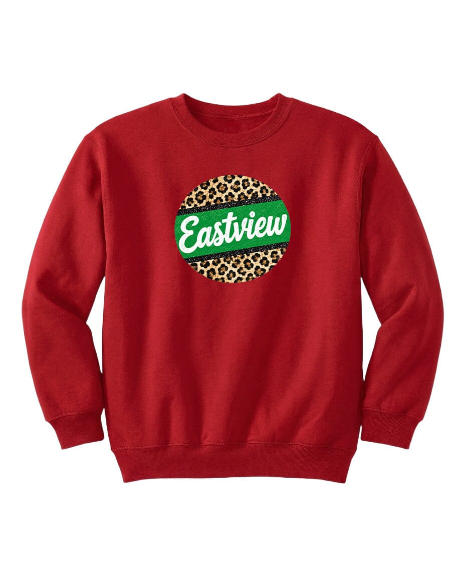 A red sweatshirt with a leopard print design and the word "Eastview" printed on it.