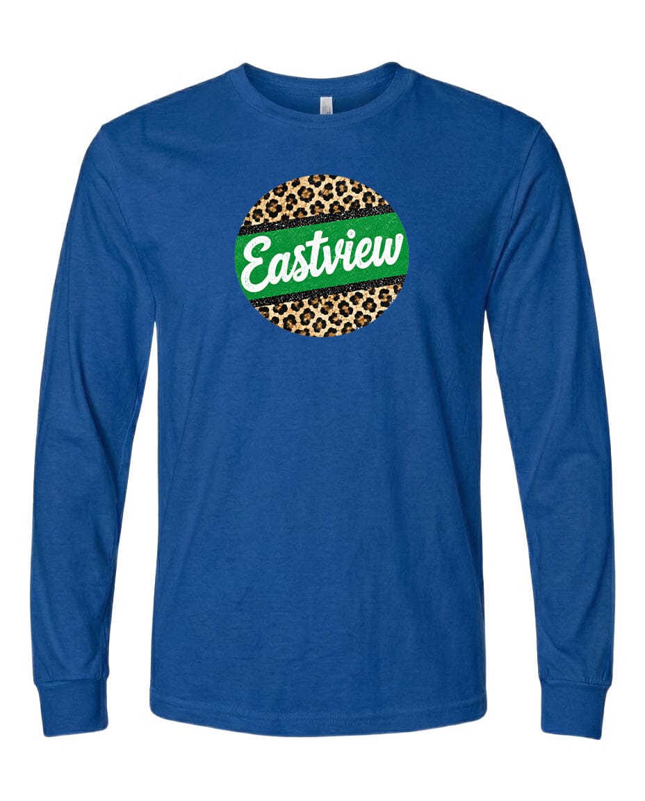 A blue long-sleeved t-shirt with a leopard print design and the word "Eastview" printed on it.