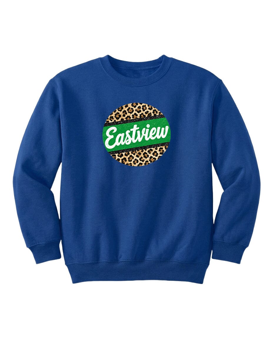 A blue sweatshirt with a leopard print design and the word "Eastview" printed on it.