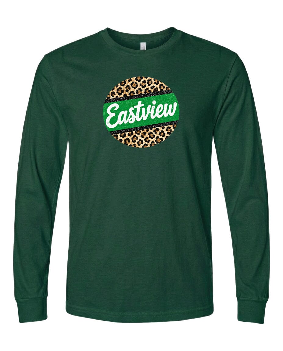 A dark green long-sleeved t-shirt with a leopard print design and the word "Eastview" printed on it.